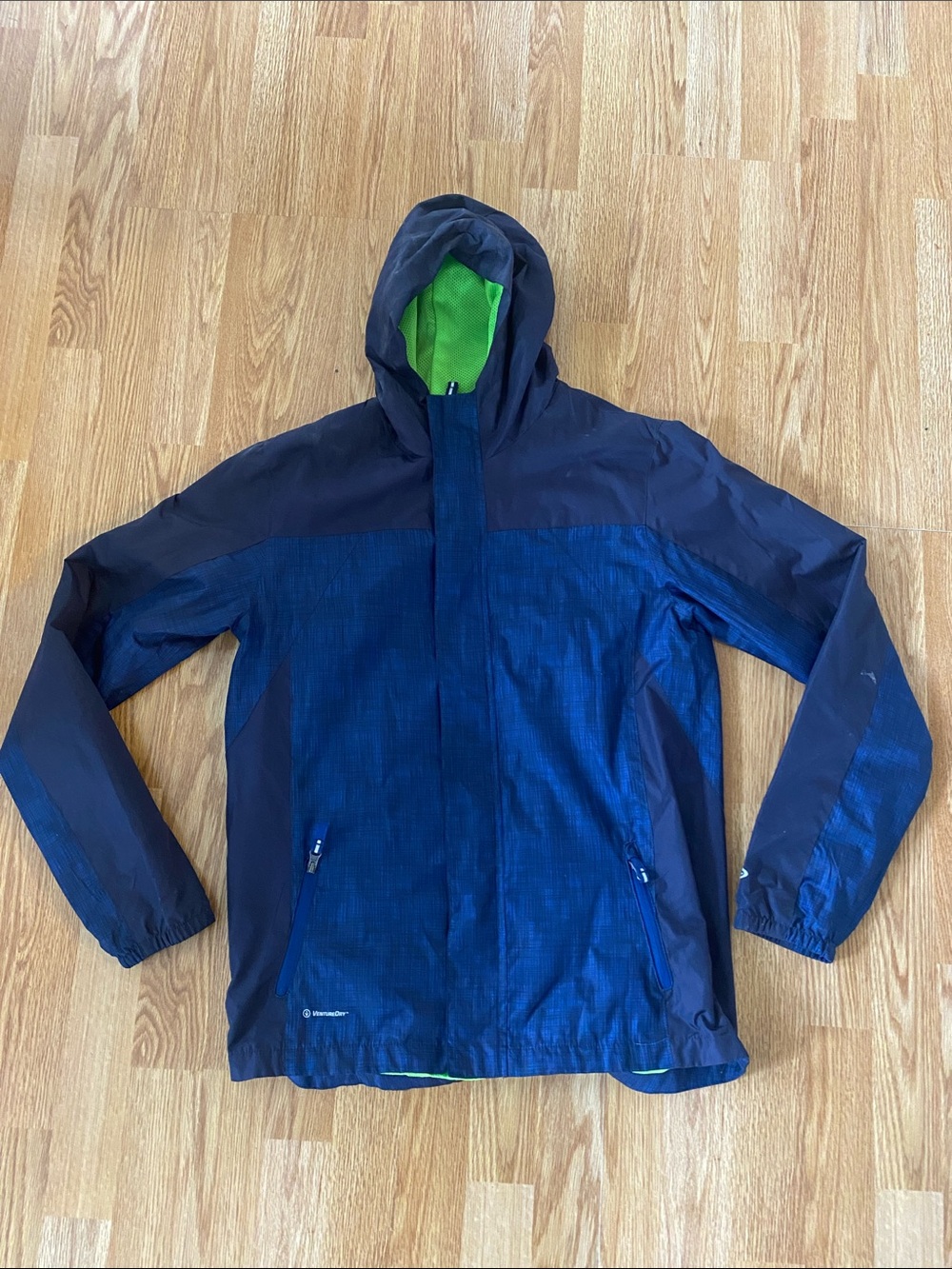 Blue Hooded Windbreaker Jacket with Lime Lining